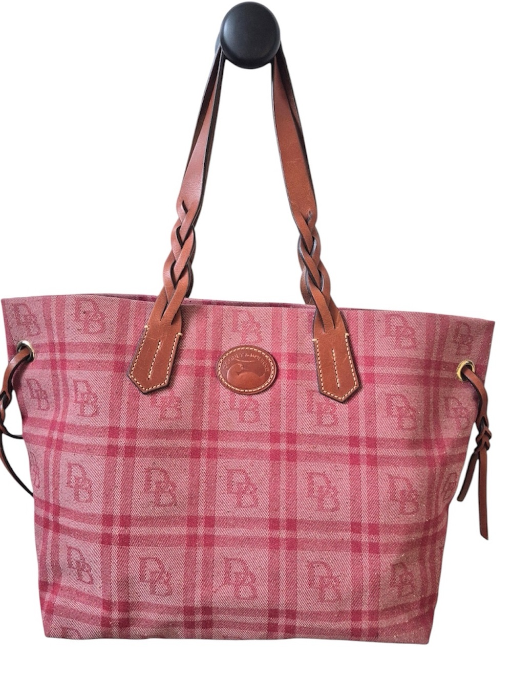 Dooney & Bourke Red Plaid Tote with Tan Braided Leather Tote